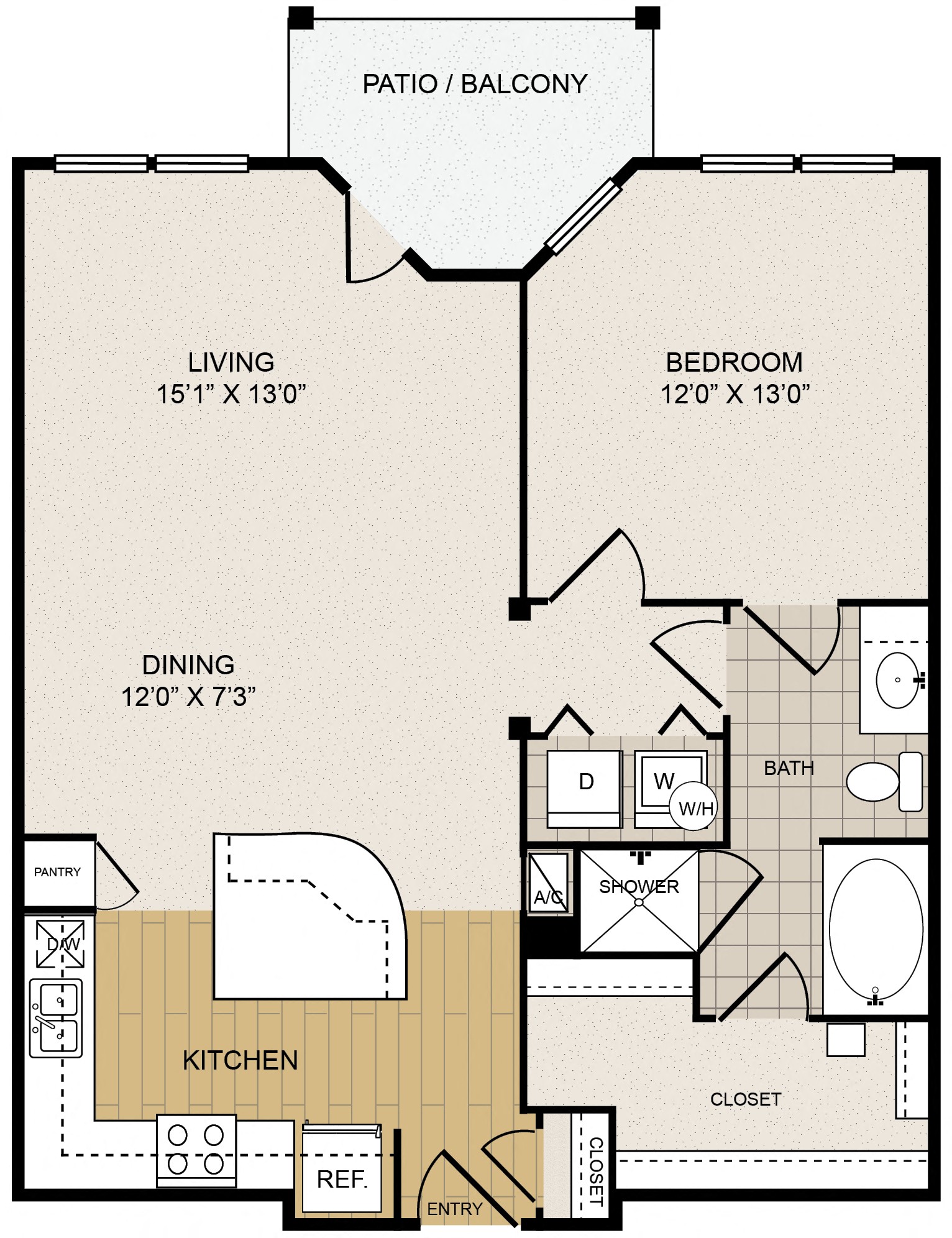 Floor plan for 1 bed, 1 bath, 867 sqft